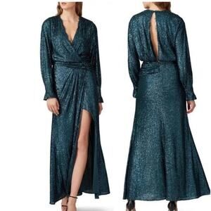 JONATHAN SIMKHAI Sequin Embroidered Long Sleeve Draped Front Marine Gown Size 2